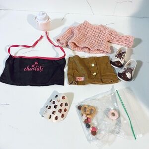 Doll Outfit with Pink Sweater and Brown Skirt and accessories